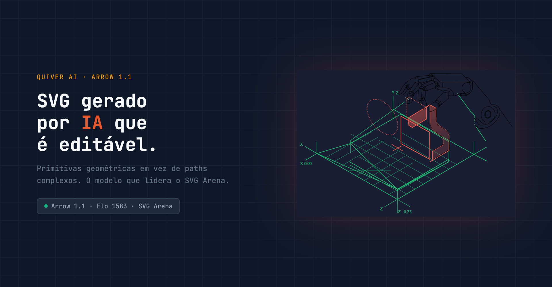 Cover: SVG isométrico gerado pelo Quiver AI Arrow 1.1, primitivas geométricas em verde e laranja sobre fundo escuro